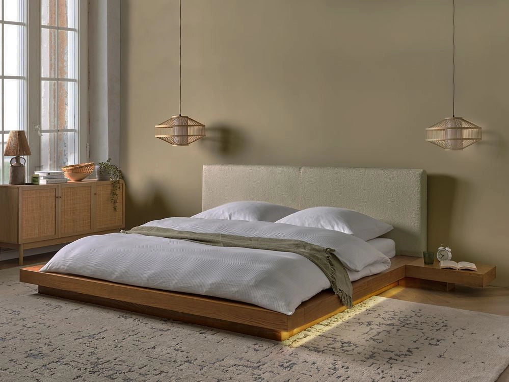 Letto LED in stile giapponese in frassino naturale 180 x 200 cm testata in legno impiallacciato bouclé camera da letto a basso profilo