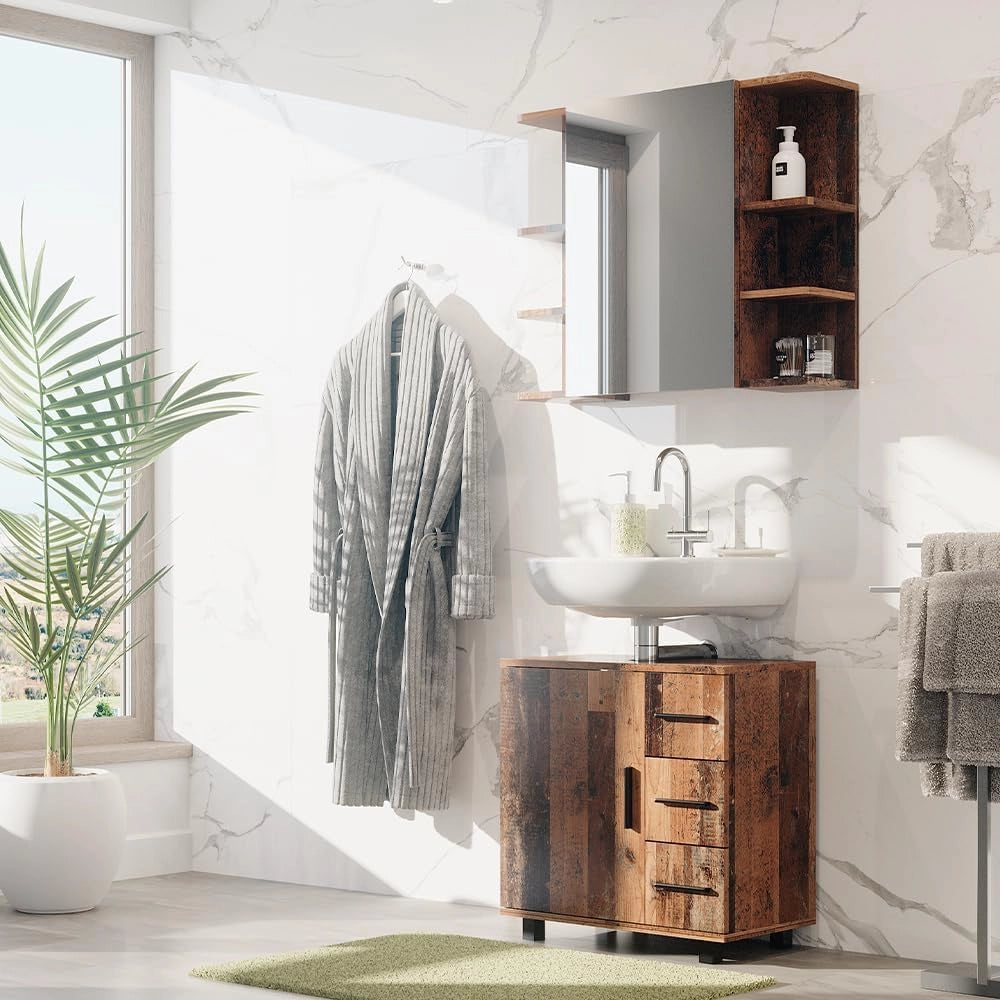 Mobile sottolavabo per bagno Ilias, Rovere rustico, 60 x 60.8 cm con anta e 3 cassetti, con intaglio per sifone per l'installazione su lavabo