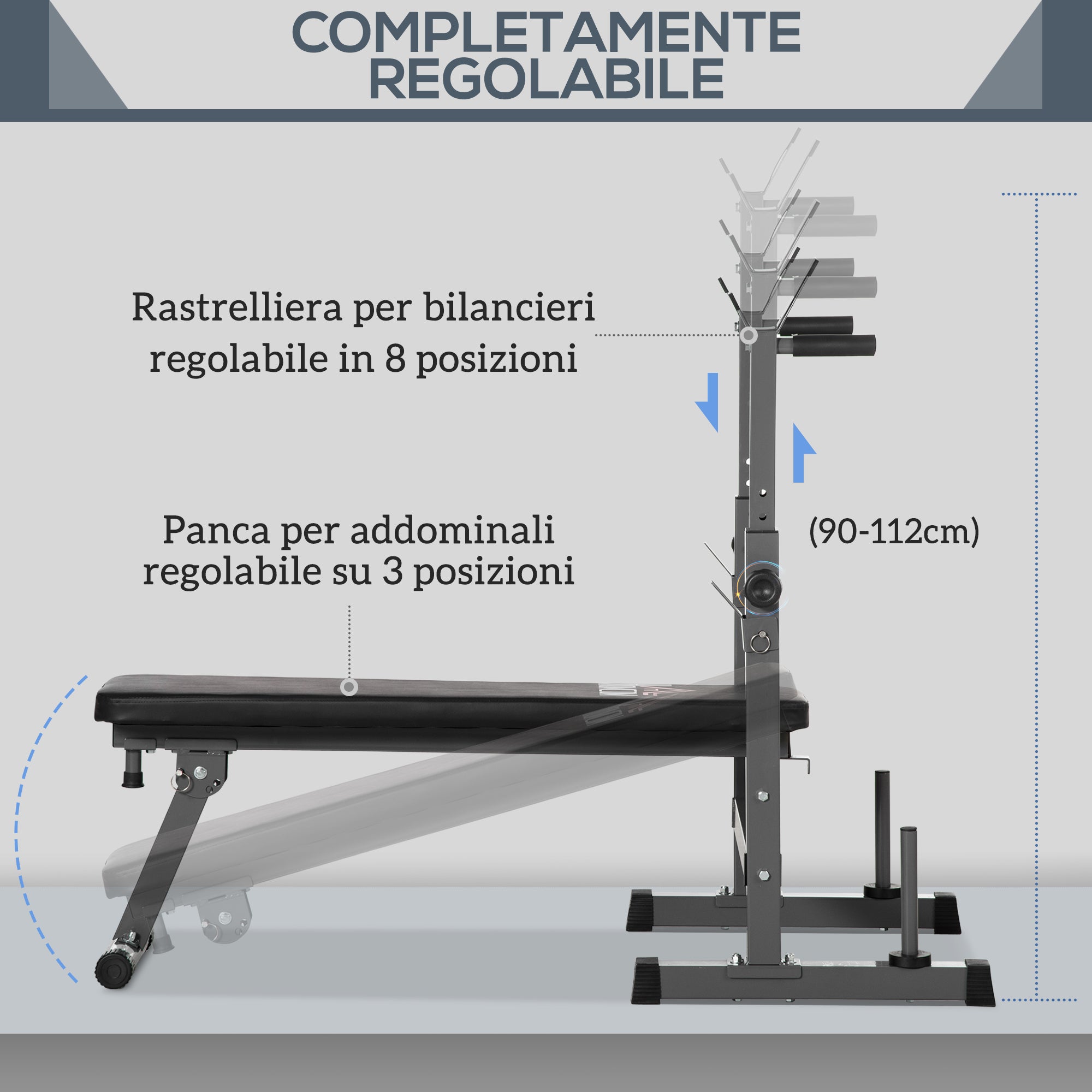 Panca Pesi Pieghevole con 8 Altezze Regolabili e Supporto Bilanciere in Acciaio e PU Grigio