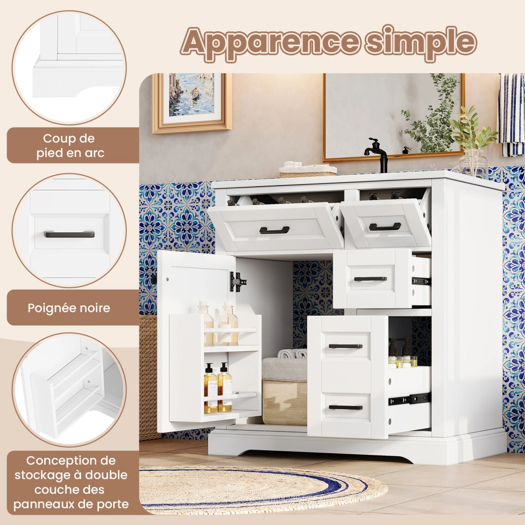 Mobile sottolavabo con 1 anta, 4 cassetti e lavabo in ceramica, per bagno, in MDF e ceramica, bianco, 76 × 47 × 82 cm