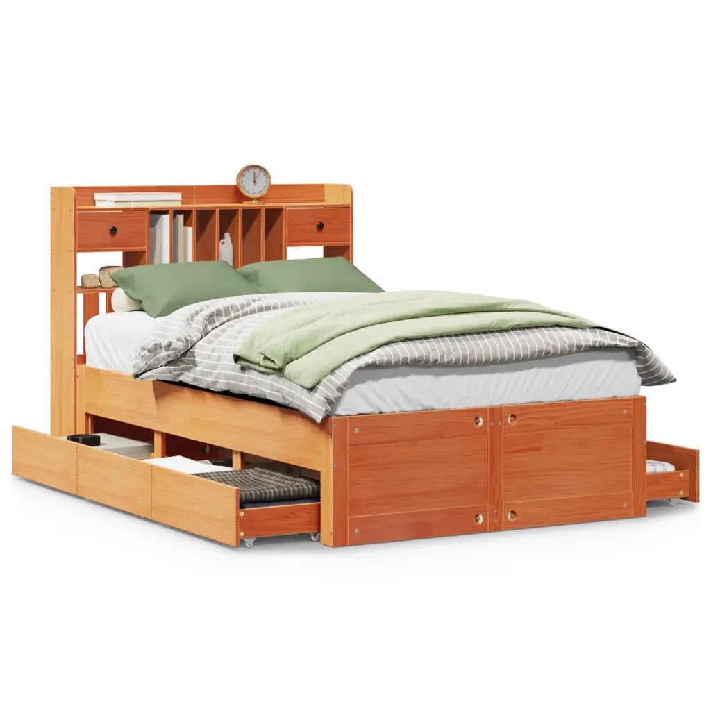 Letto Libreria senza Materasso Marrone Cera 135x190 cm in Pino