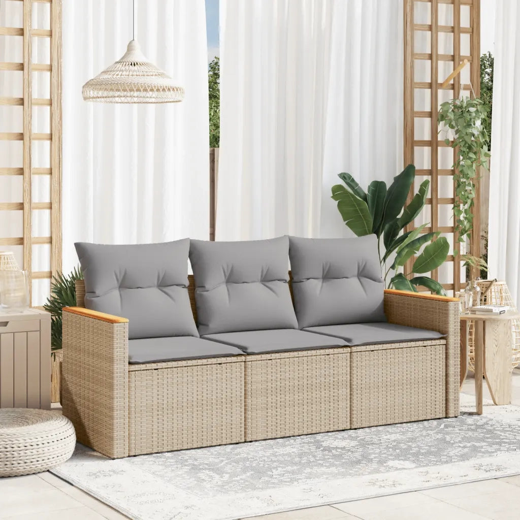 Set Divano da Giardino 3 pz | Set Salotto da Giardino con Cuscini Beige Misto Polyrattan