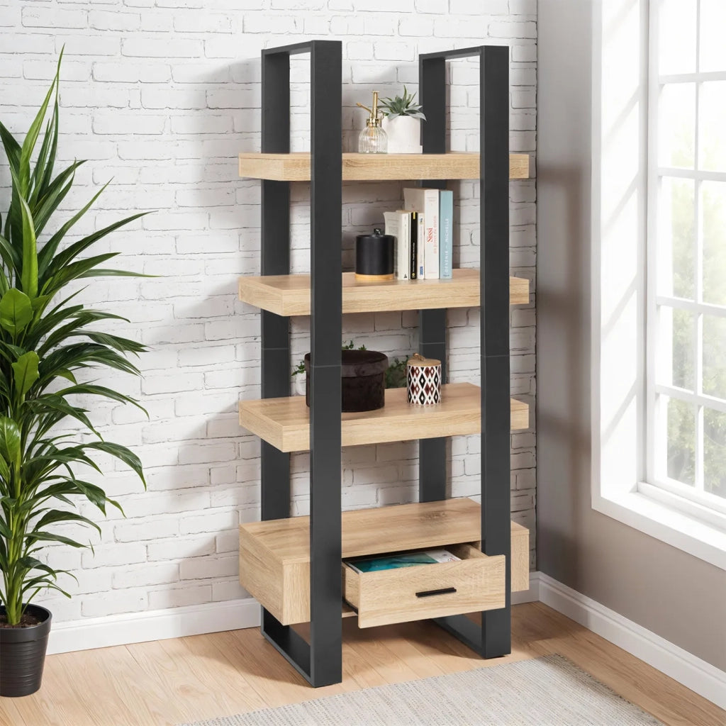 IDMarket - PHOENIX scaffale a 4 livelli in legno e nero con cassetto