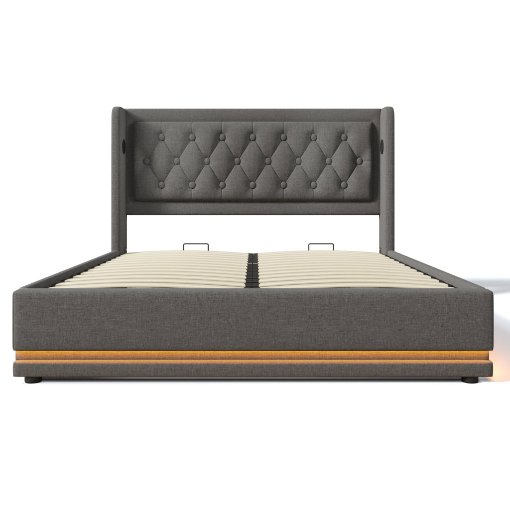 Letti contenitori 140x200 cm; contenitore con LED e USB; cotone; grigio (Senza materasso)