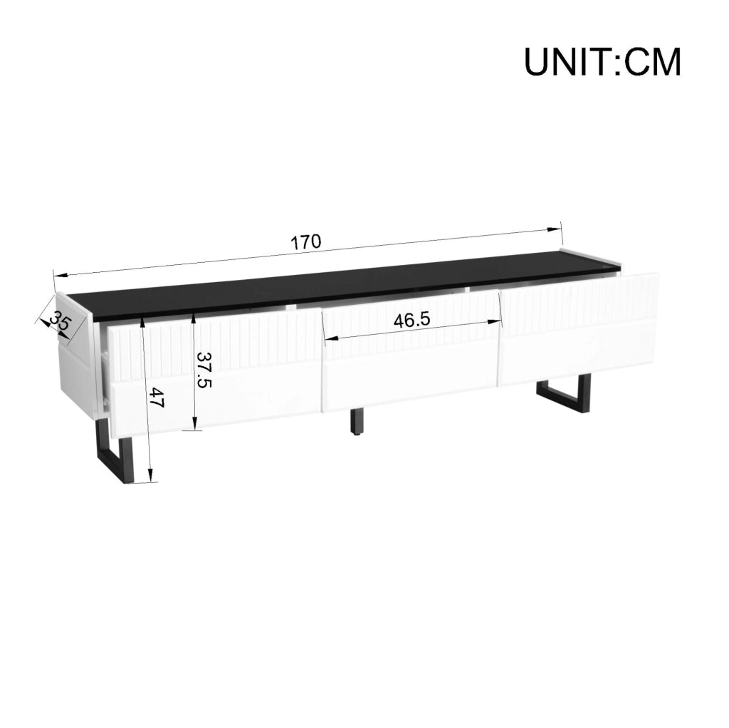 Mobile TV ULEVR 170x35x47 cm con 3 cassetti e gambe in ferro, nero e bianco