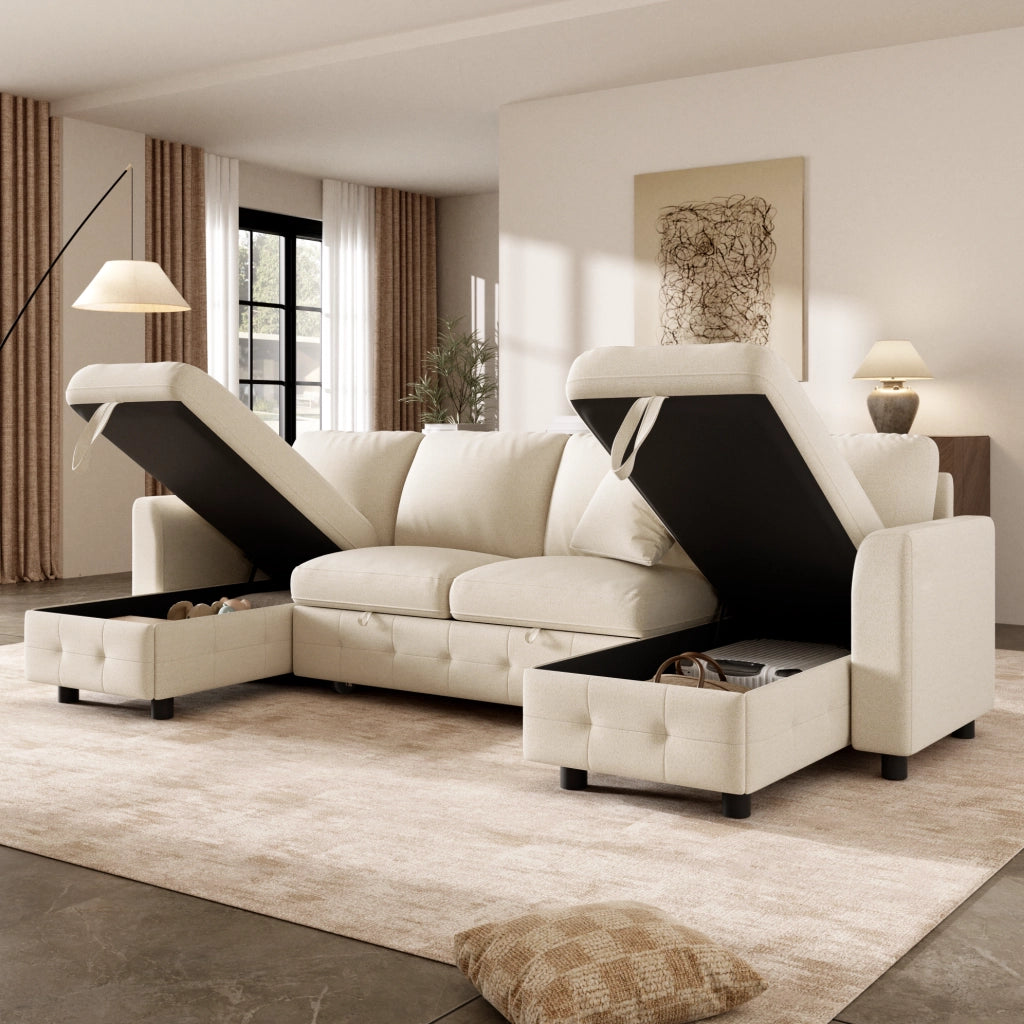 Divano letto a U ULEVR 260x128x82 cm estraibile con 2 chaise longue contenitore, USB e Type-C, beige