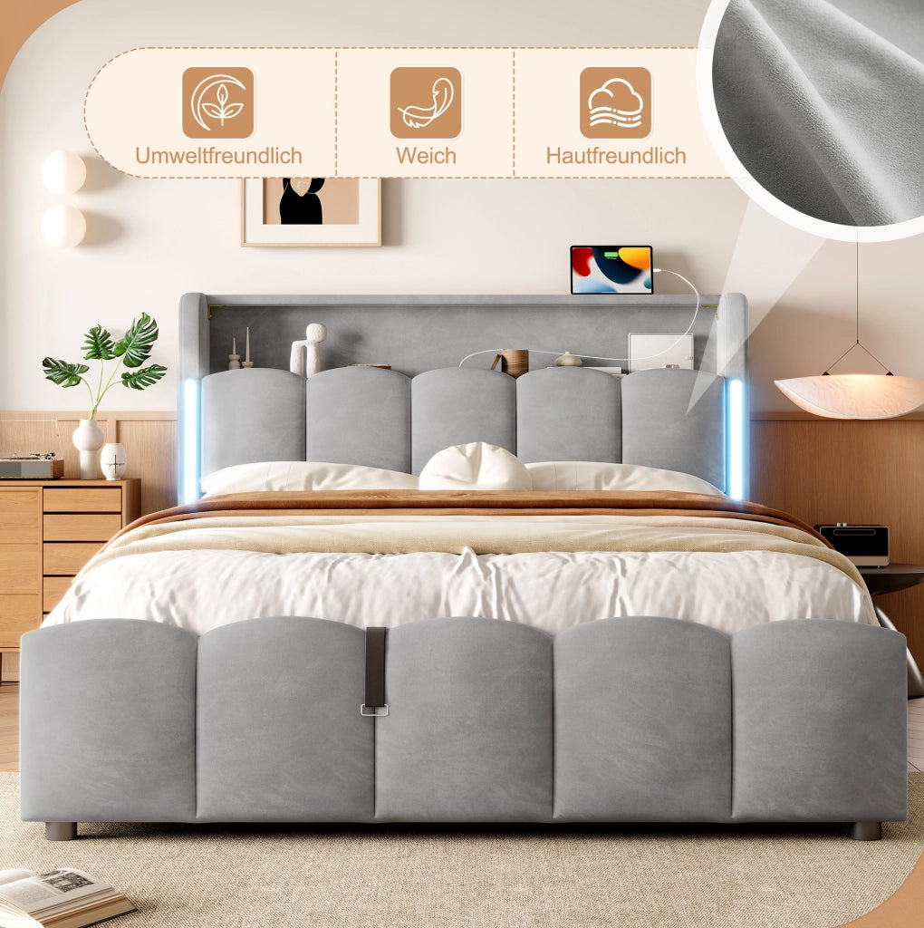 Letto imbottito ULEVR 140x200 cm con contenitore idraulico, LED, USB e Type-C, velluto grigio