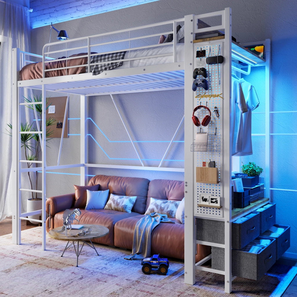 Letto a Soppalco Singolo con 4 Cassetti; USB; Porta C e LED 90 × 200 cm; senza Materasso; Metallo Bianco