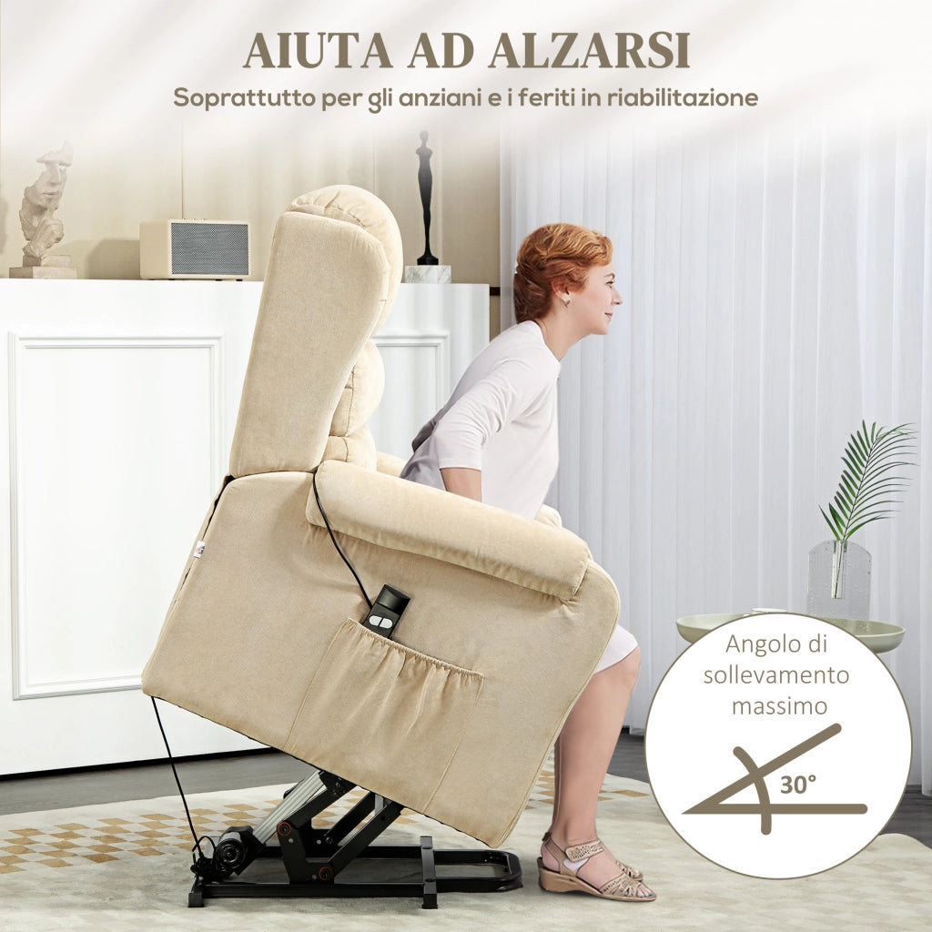 Poltrona Alzapersona Reclinabile con Poggiapiedi ¨C Minimal ¨C Velluto Crema 85x88x109 cm