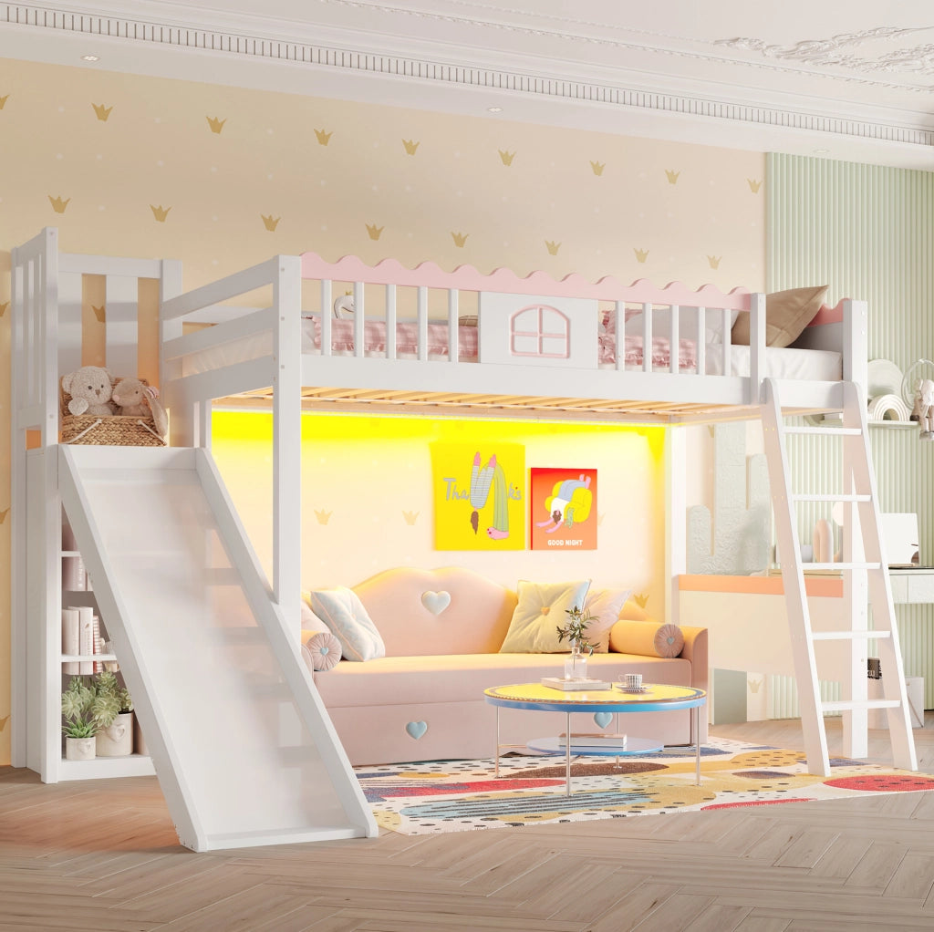Letto a soppalco per bambini 90x200 cm con scivolo e LED