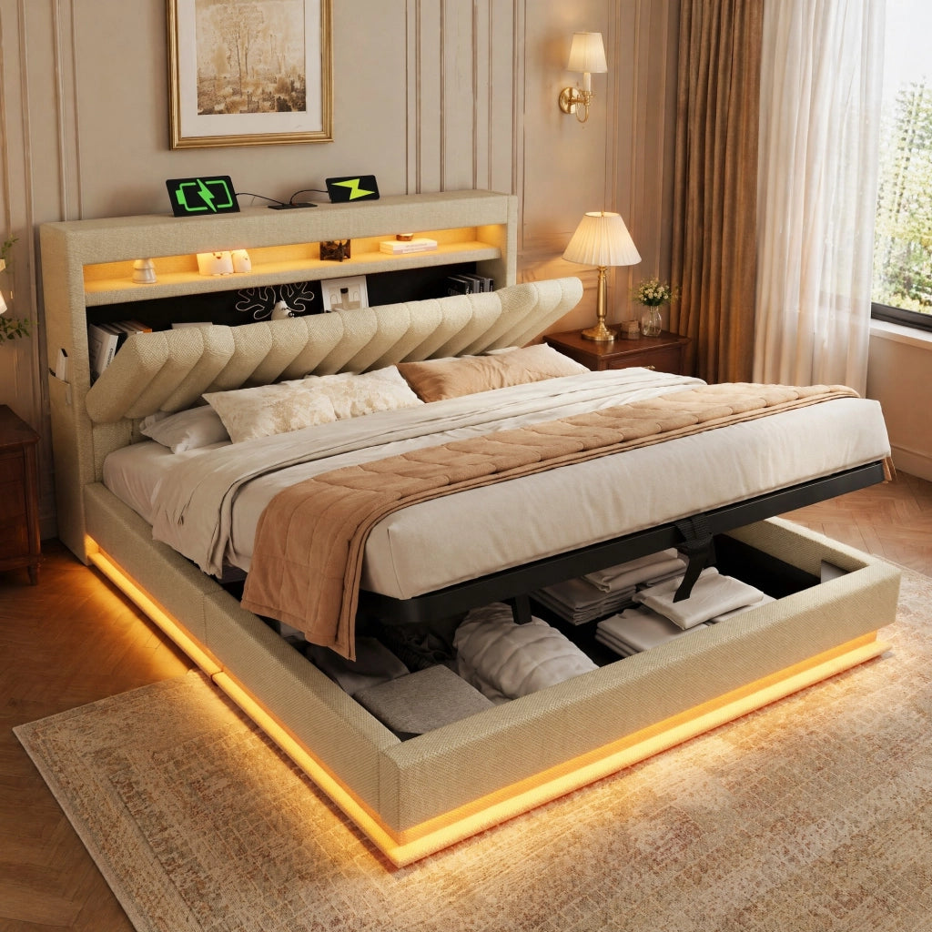 Letto matrimoniale imbottito 180x200 cm con contenitore, testiera con ricarica USB e Type-C, luci LED, beige