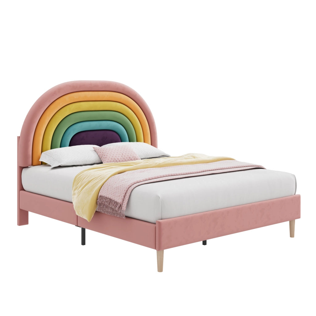 Letto imbottito 140x200 cm in velluto rosa con rete a doghe, testiera regolabile e struttura robusta