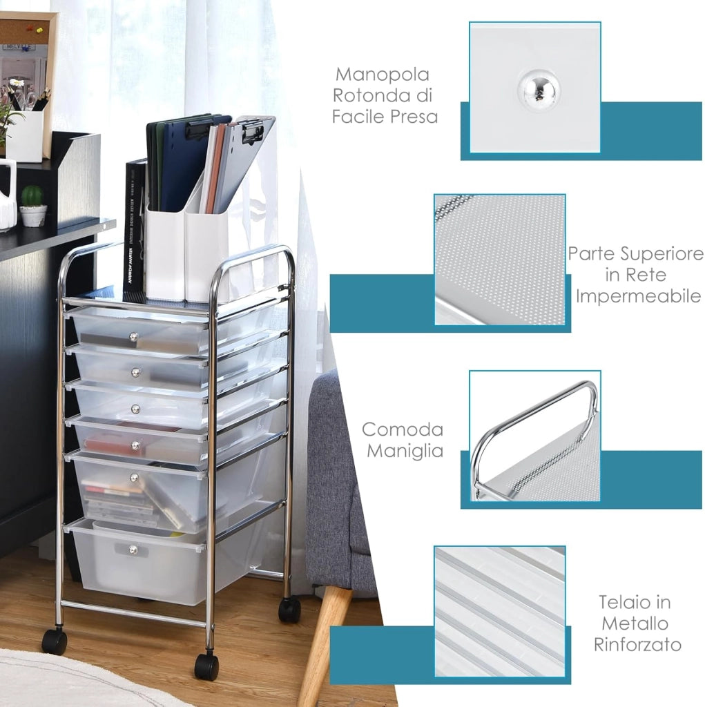 Carrello con 6 Cassetti e Ruote, Cassettiera in Plastica, con Due Dimensioni di Cassetti, Contenitore Multiuso per Casa Bagno e Ufficio, 37 x 74 x 32cm (Trasparente)