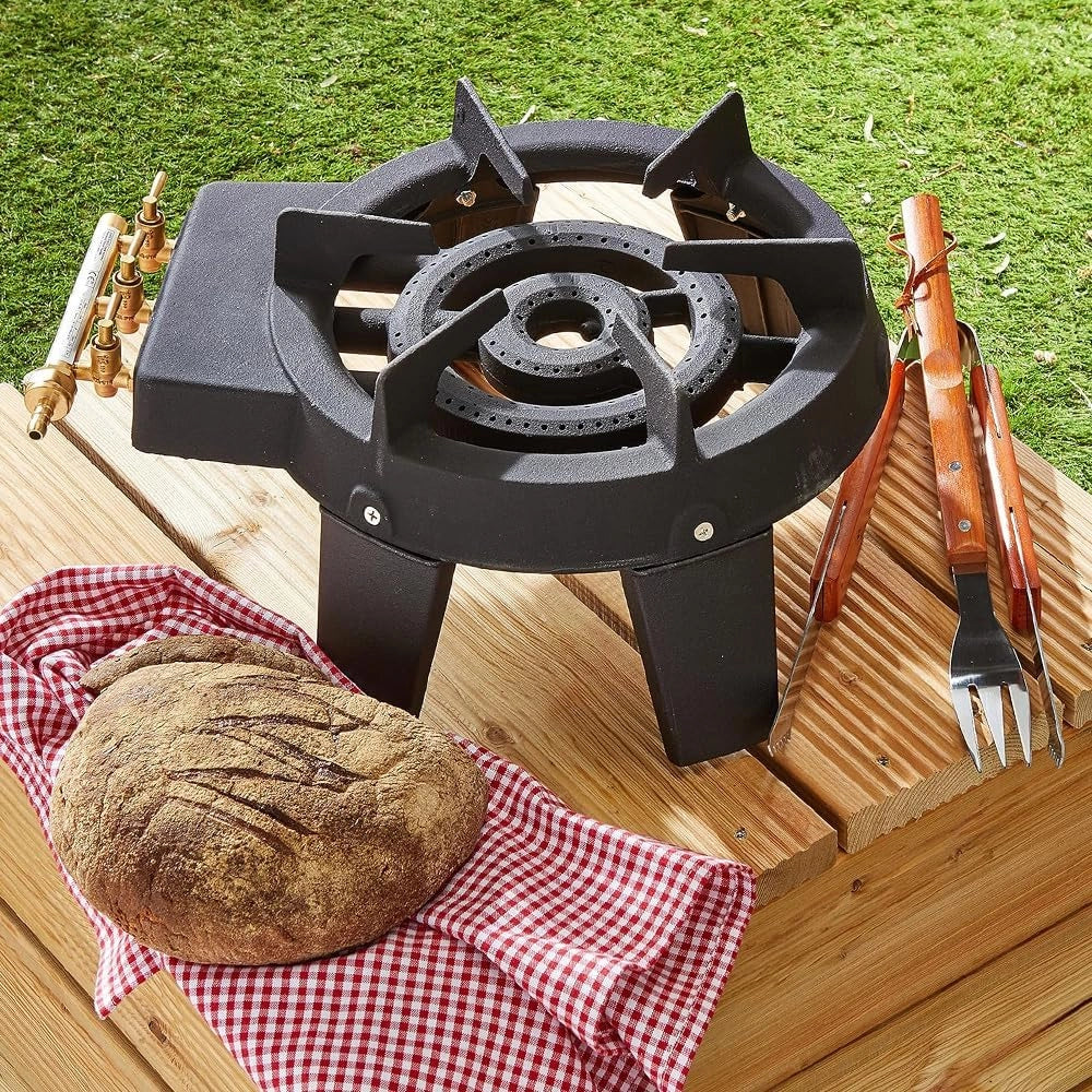 Fornellone Fornello a gas gpl in Ghisa 3 rubinetti e 4 piedi con fiamma regolabile e tripla corona ideale per Campeggio, Picnic e Catering 9,5 kW