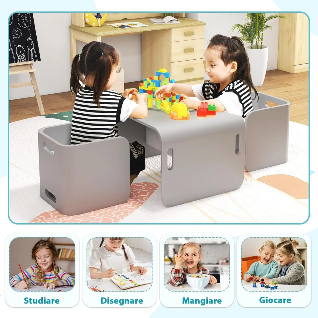 COSTWAY Set Tavolo e 2 Sedie per Bambini 2-9 Anni, Set Multiuso in Legno di Faggio con Maniglie Ergonomiche, Design Salvaspazio, Senza Montaggio, Portata 100 kg (Grigio)