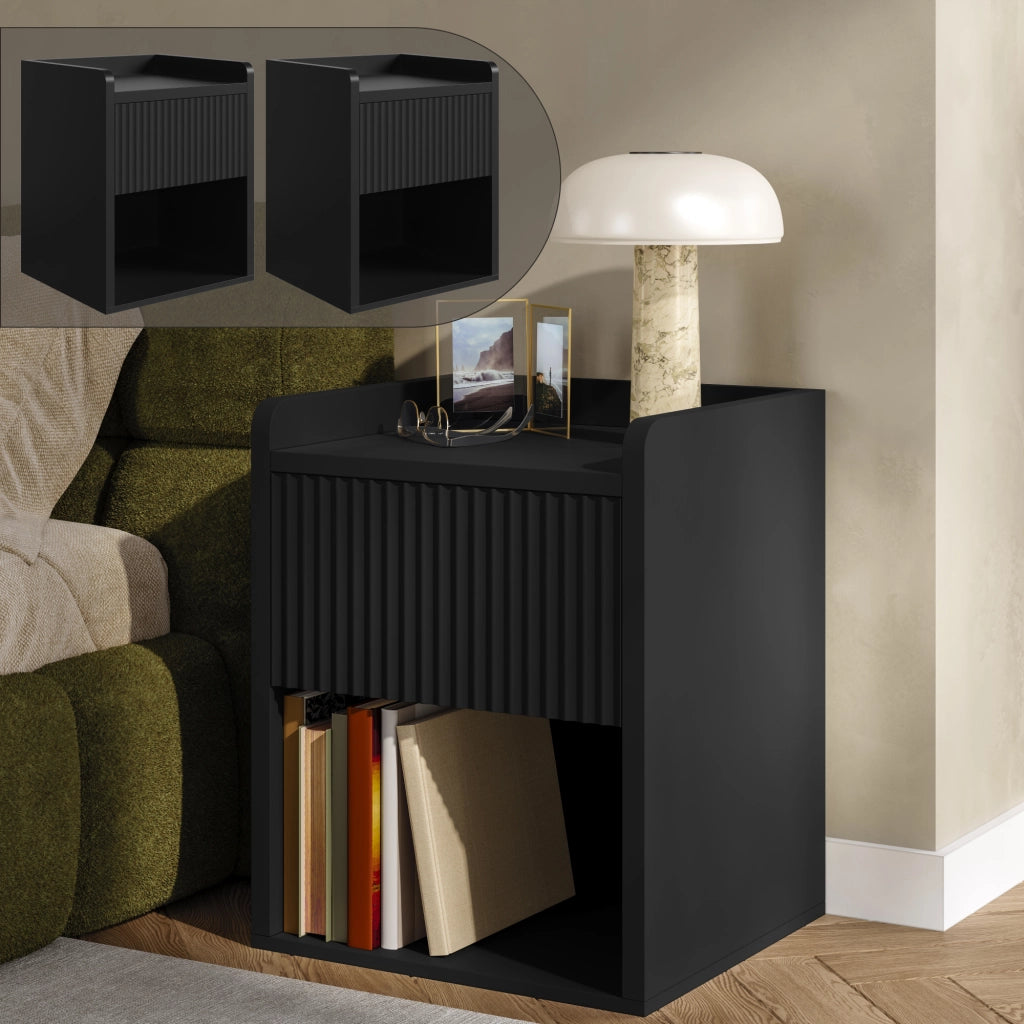 Set di 2 Comodini Nand con Cassetto e Vano Aperto 55x49x39 cm Nero [en.casa]