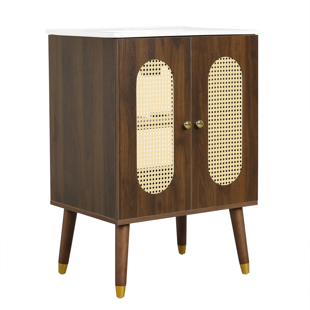 Mobile bagno con 2 ante e 2 ripiani con lavabo in ceramica; in MDF e rattan; per bagno; 61×47×89 cm