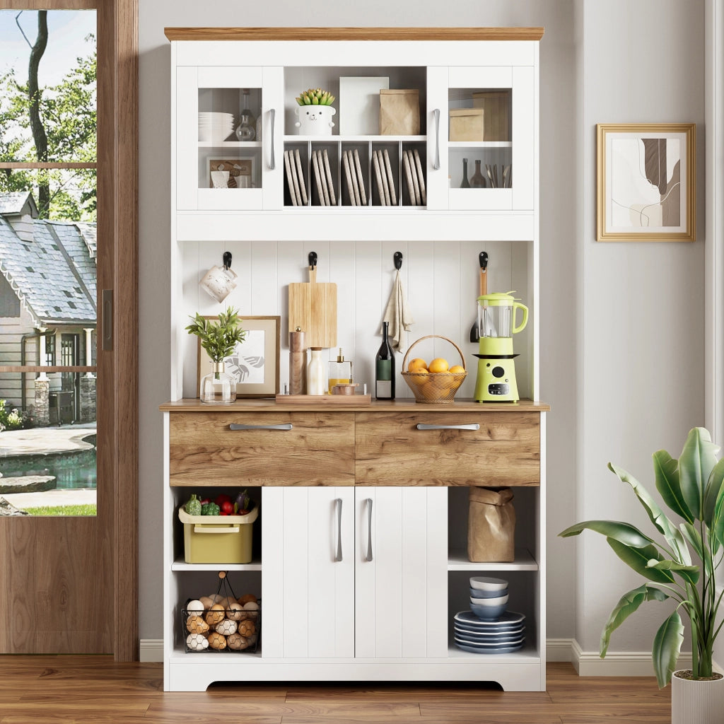 Credenza buffet per cucina con vetrinette, 2 cassetti e ganci in pannello truciolare bianco e legno 106 × 39 × 176,5 cm