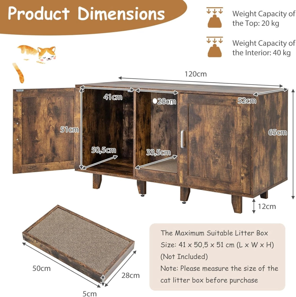 Mobile Lettiera per Gatti con 2 Ante, Armadio per Gatto in Legno con Ingresso Centrale e Tiragraffi, Grotta Rifugio Multiuso per Soggiorno e Camera da Letto, 120 x 52 x 65 cm (Marrone Rustico)