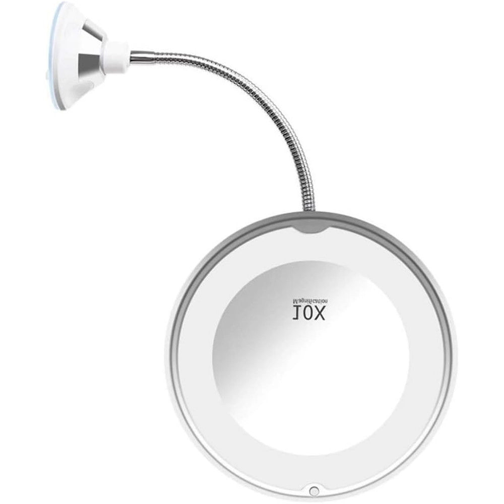 Trade Shop - Specchio Per Trucco Ingrandimento 10x Led Rotazione A 360° Ventosa Tubo Metallo Rotondo -