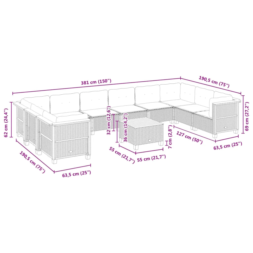 Set Divani da Giardino 11 pz con Cuscini in Polyrattan Grigio 3262026