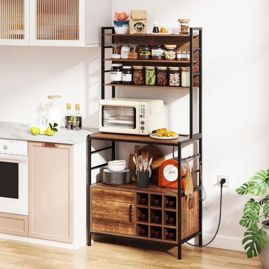 Scaffale da cucina da 170 cm con presa elettrica, Mobile per bar del caff¨¨ con ganci a S e supporti per bottiglie di vino  Rustico-Portabottiglie