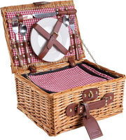 Set da picnic per 2 persone con contenitore refrigerante, coltello multifunzionale, posate in acciaio inox, piatti in ceramica e bicchieri da vino | ROSSO