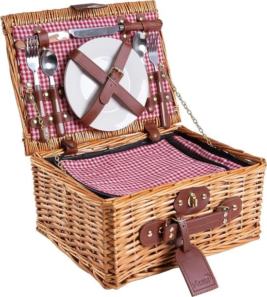 Set da picnic per 2 persone con contenitore refrigerante, coltello multifunzionale, posate in acciaio inox, piatti in ceramica e bicchieri da vino | ROSSO