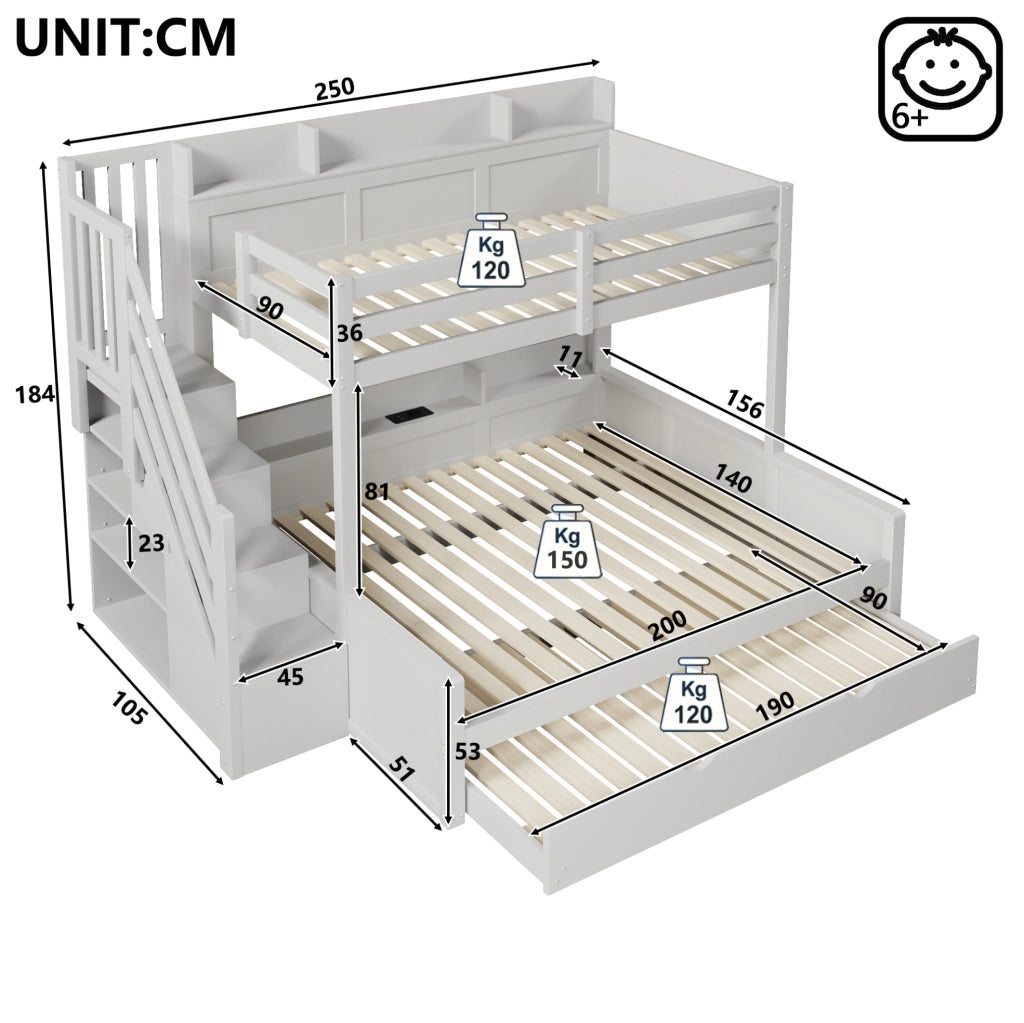 Letto a castello 90x200 e 140x200 cm con letto estraibile; scala contenitore e USB; grigio