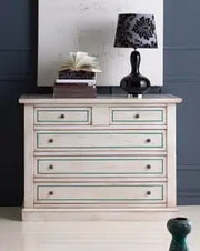 Comò casettiera in legno 3+2 cassetti Shabby chic bianco anticato filo azzurro