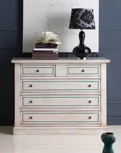 Comò casettiera in legno 3+2 cassetti Shabby chic bianco anticato filo azzurro