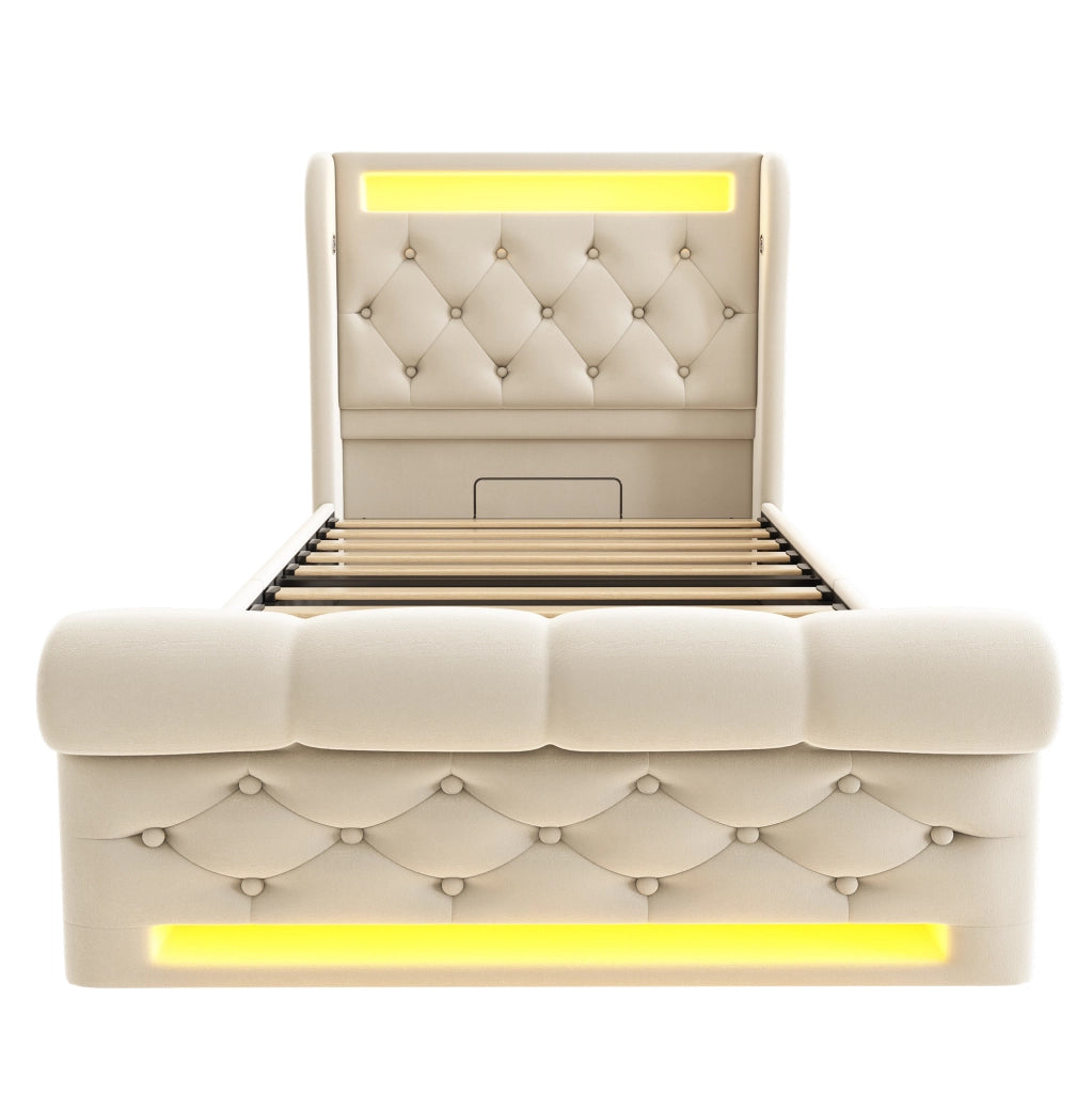 Letto contenitore 90x200 cm in velluto beige, LED, USB-C, senza materasso
