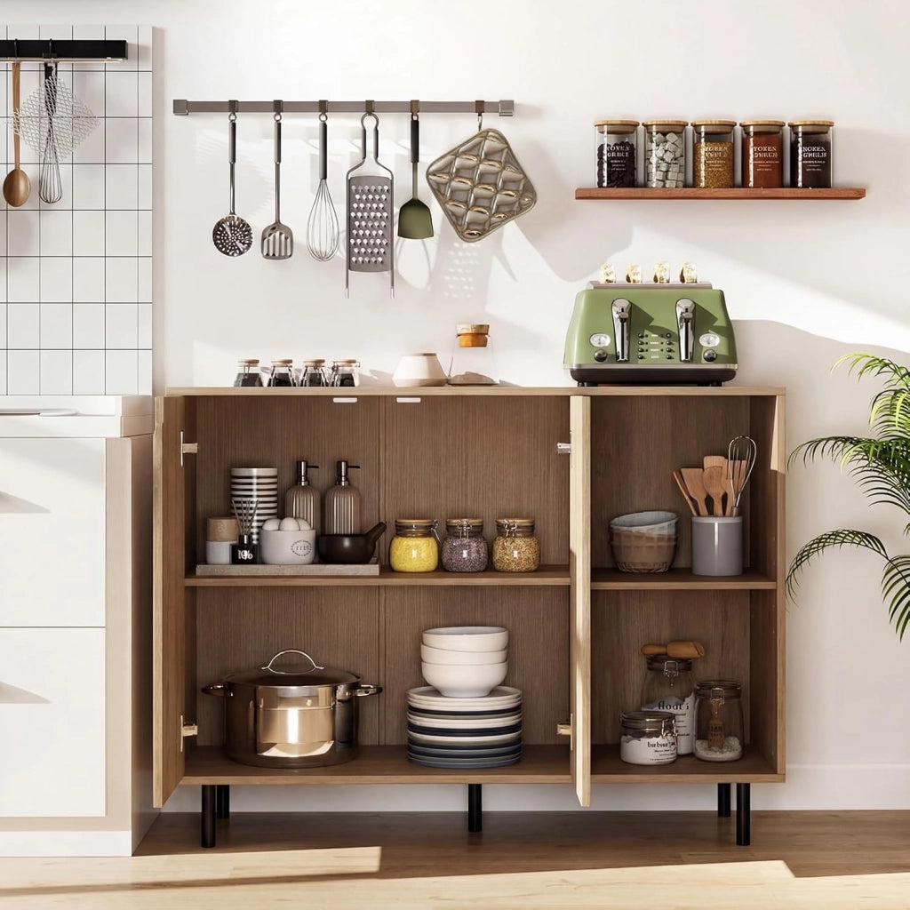 Credenza Cucina e Buffet in Legno, Mobile Dispensa con 2 Ante, 2 Scomparti Aperti a Ripiani Regolabili e Gambe in Metallo, per Sala da Pranzo, 106 x 38 x 80 cm (Nero) (Naturale)