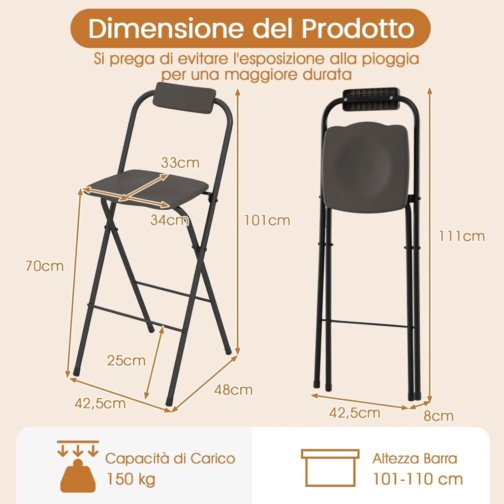 Set di 2 Sgabelli da Bar Pieghevoli, Sedia Alta con Schienale e Poggiapiedi, Struttura in Metallo, per Interno ed Esterno, Portata 150 kg (Grigio)