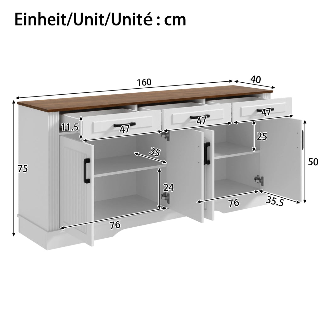 Sideboard moderno con 4 porte bugnate; 3 cassetti; 160x40x75 cm; MDF bianco