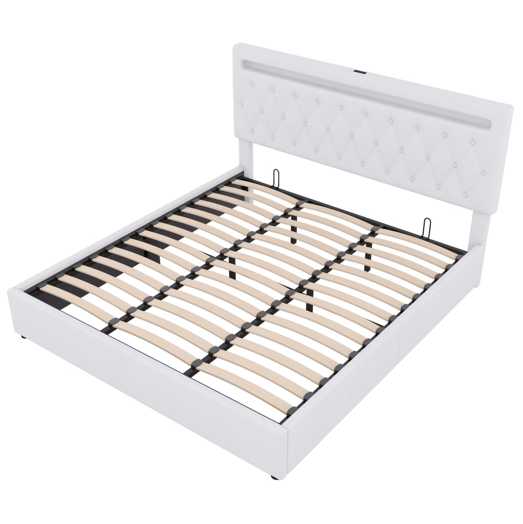Letto imbottito 180x200 cm con sollevamento idraulico; LED APP; USB e USB-C; bianco