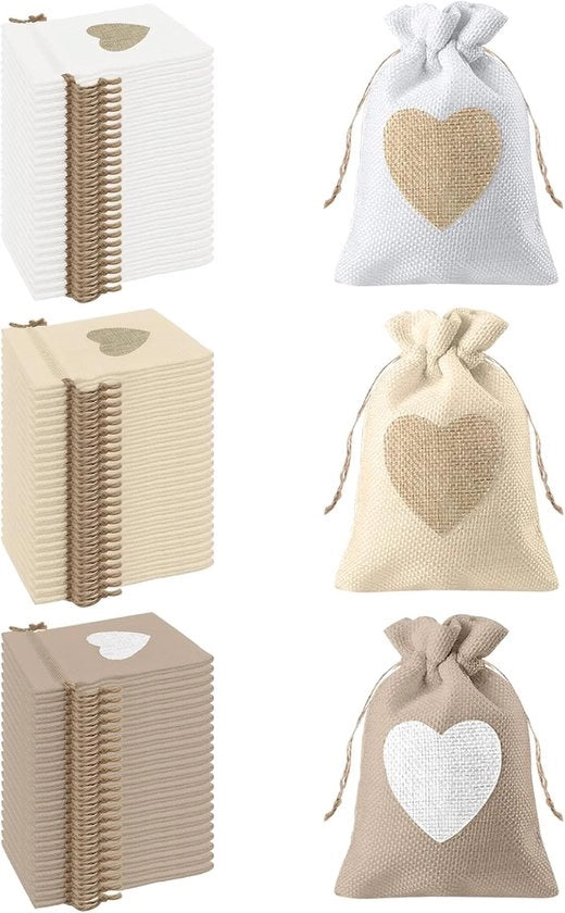 Set di 30 sacchetti di juta con disegno di cuori, 10 x 14 cm, per biglietti di ringraziamento di matrimonio, caramelle, patatine e piccoli regali (combinazione)