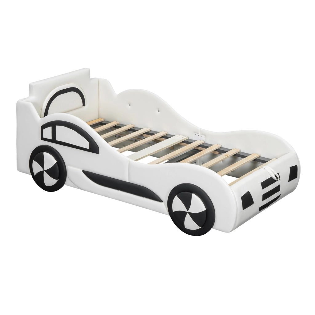 Letto bambino a forma di auto 90x200 cm con contenitore e rete a doghe; bianco