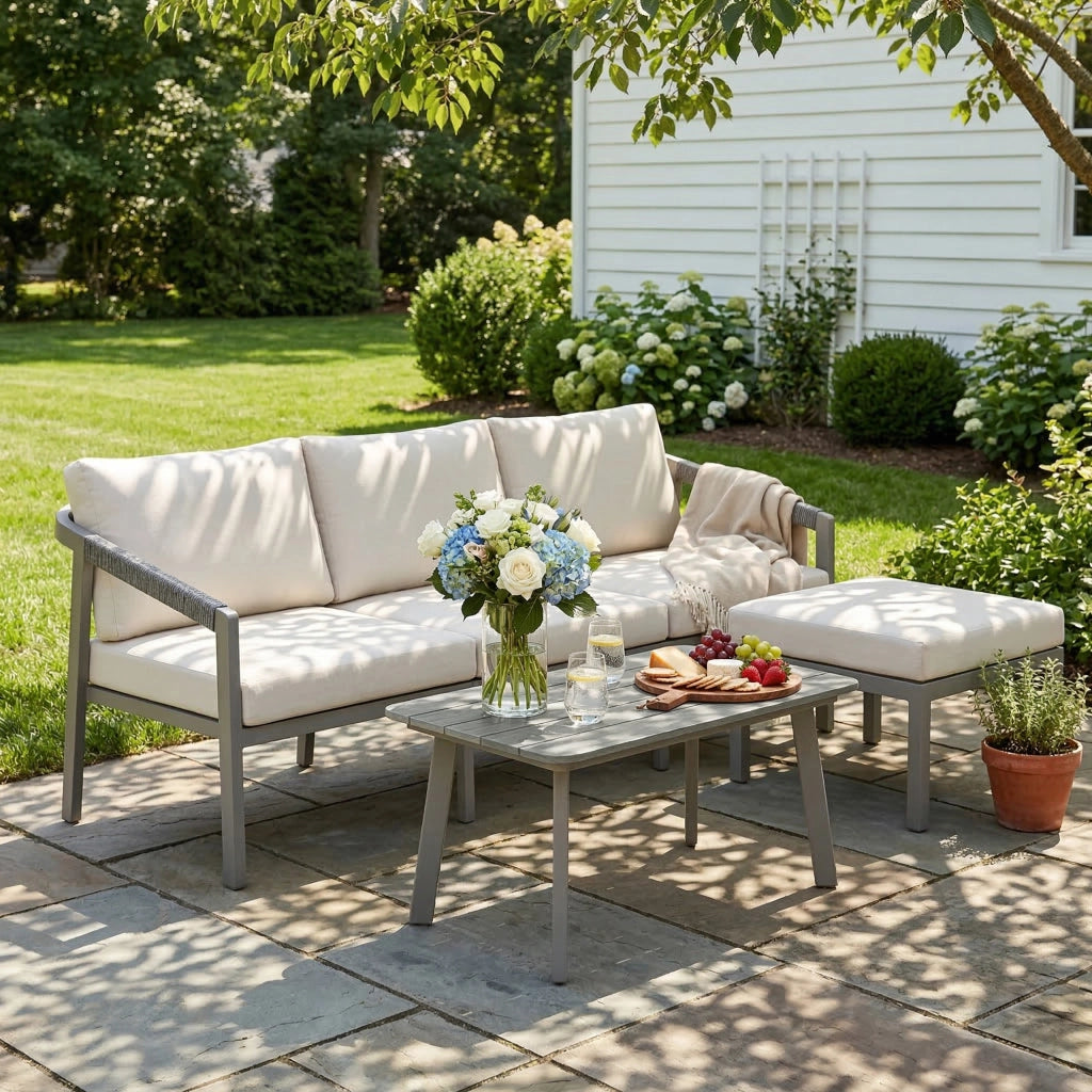 Set Giardino 3 Pezzi con Divano 3 Posti, Poggiapiedi, Tavolino e Cuscini ¨C zephmum ¨C Marrone e Beige