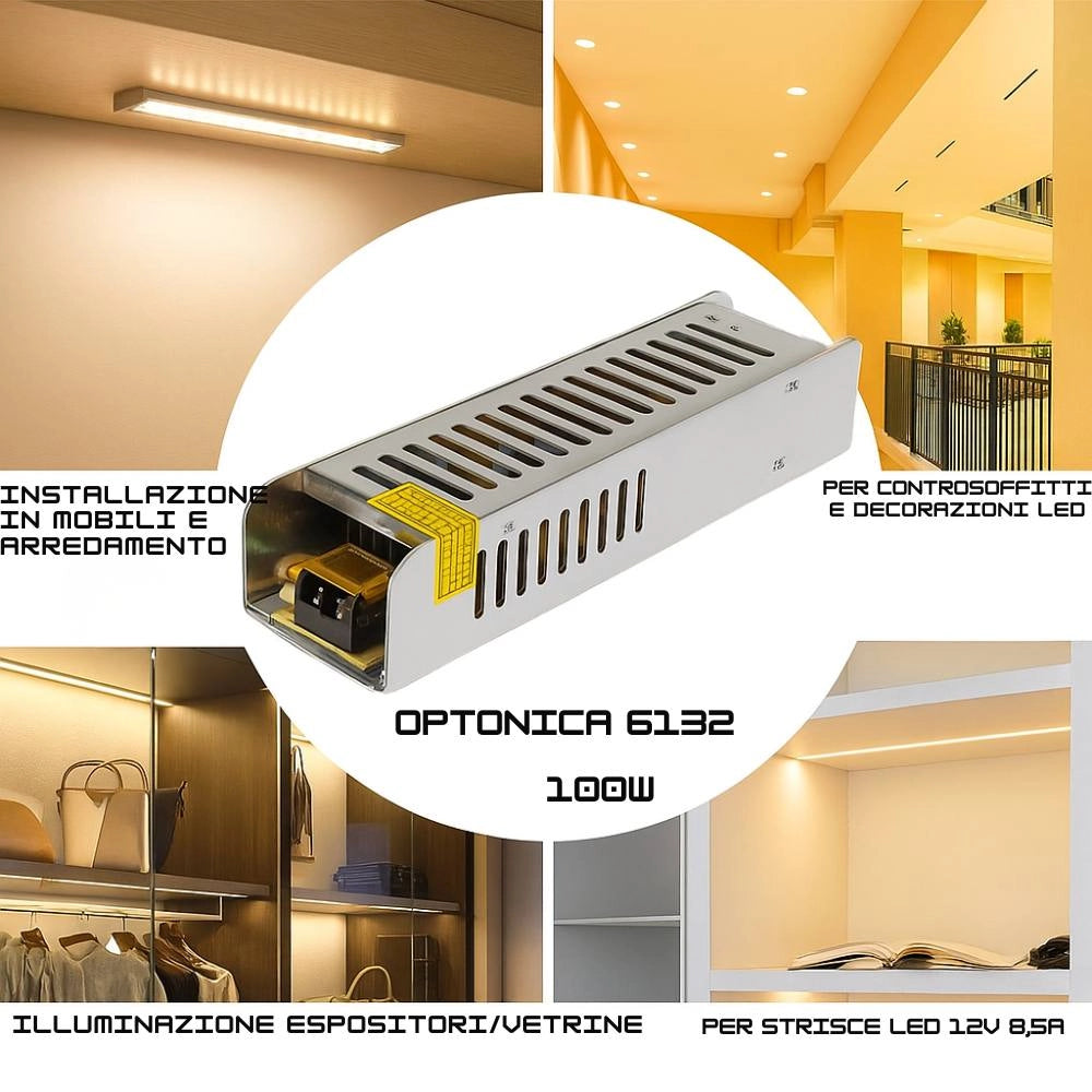 Alimentatore slim 100w 12v 8.5a per strisce led interna ip20