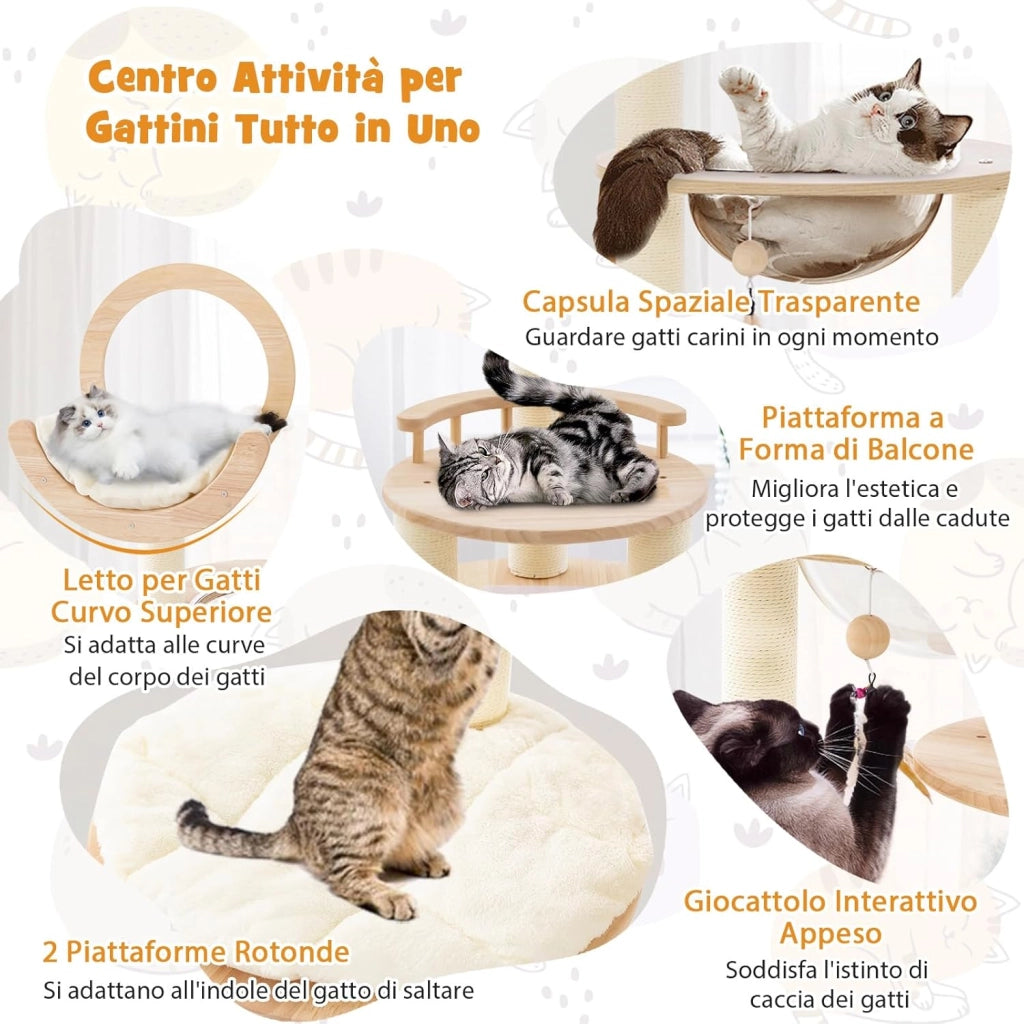 Tiragraffi per Gatti 4-in-1, Albero per Gatti in Legno di Quercia a Blocchi con Capsula Spaziale, Tiragraffi in Sisal, Piattaforma Imbottita e Giocattolo Appeso, 60 x 60 x 146 cm