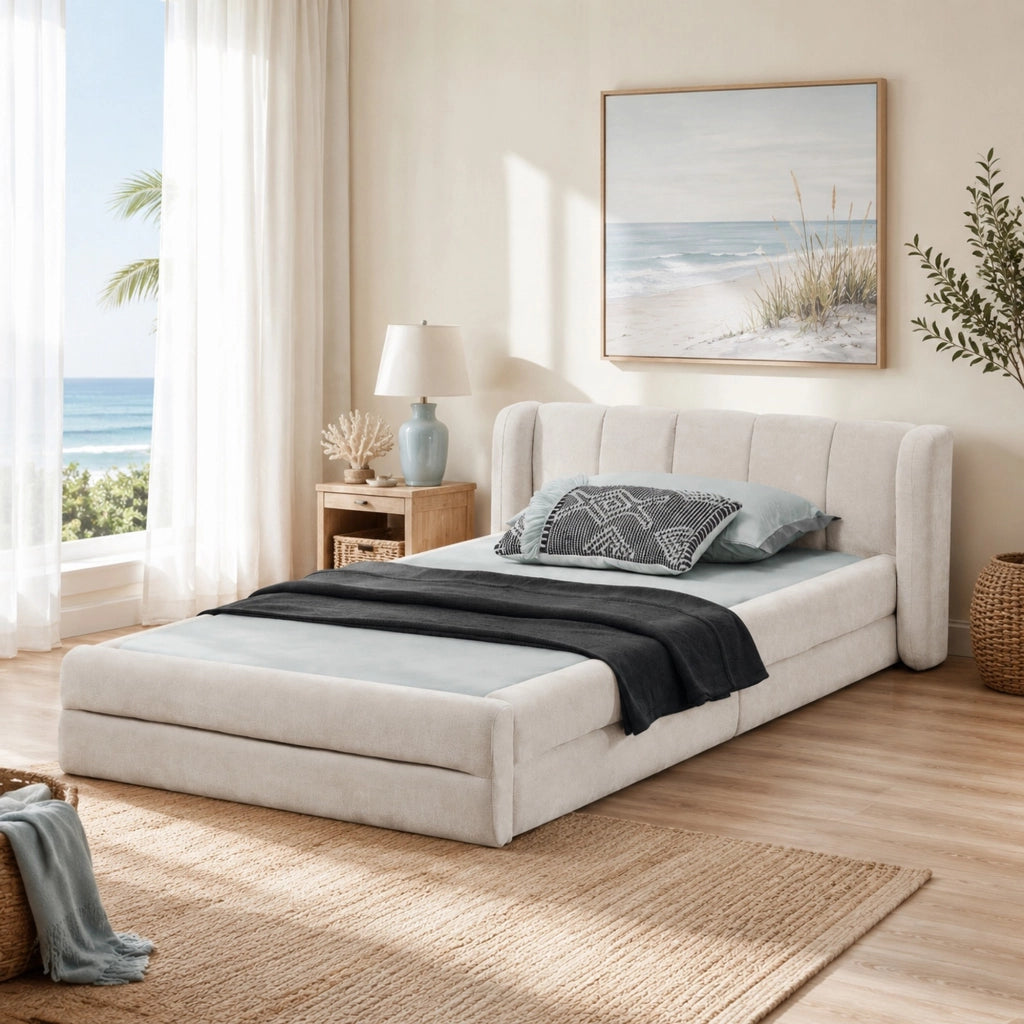 Letto singolo 90x200 cm imbottito in ciniglia beige