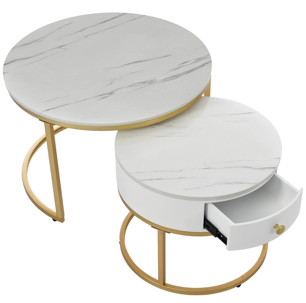 Set 2 tavolini da salotto rotondi impilabili 70/50 cm in MDF bianco lucido effetto marmo