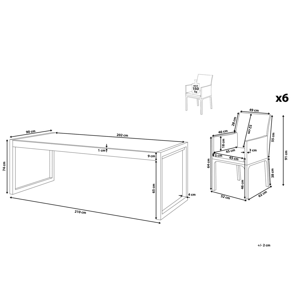 Set da pranzo da giardino Piano in vetro grigio 202 x 90 cm Struttura in alluminio a 6 posti con imbottiture per cuscino del sedile