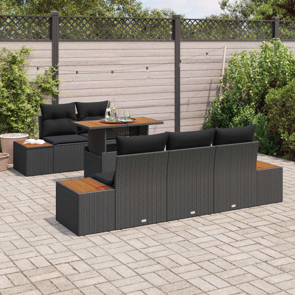 Set da Pranzo Giardino 6 Pezzi con Cuscini Rattan Nero Acacia