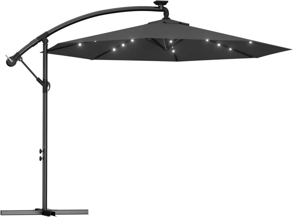 Ombrellone parasole con manovella, in alluminio, ombrellone da giardino, balcone, con supporto, protezione dai raggi UV, terrazza, giardino, spiaggia, grigio scuro, 3,5M, mit LED
