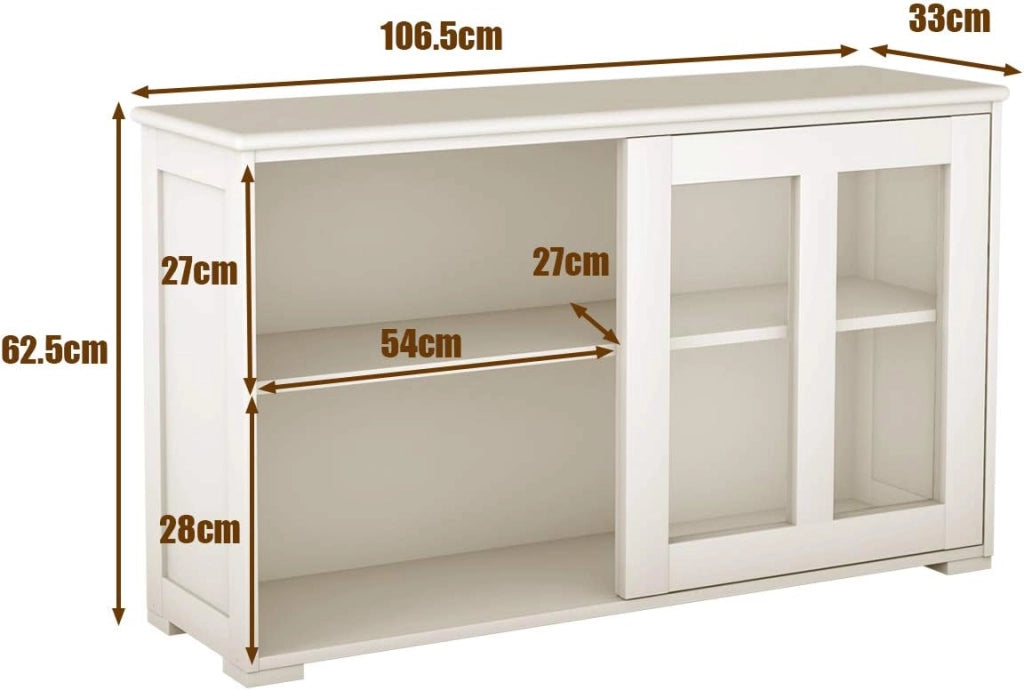 Armadietto da Cucina Mobile Laterale Multiuso con Ante Scorrevoli, in MDF e Vetro, 106,5 x 33 x 62,5 cm (Bianco Crema)