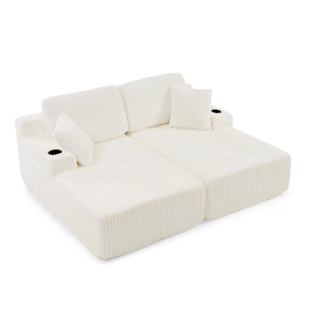 Divano Letto 2 Posti Relax ¨C Xylo ¨C Tessuto a Coste, Beige, con Cuscini e Poggiapiedi
