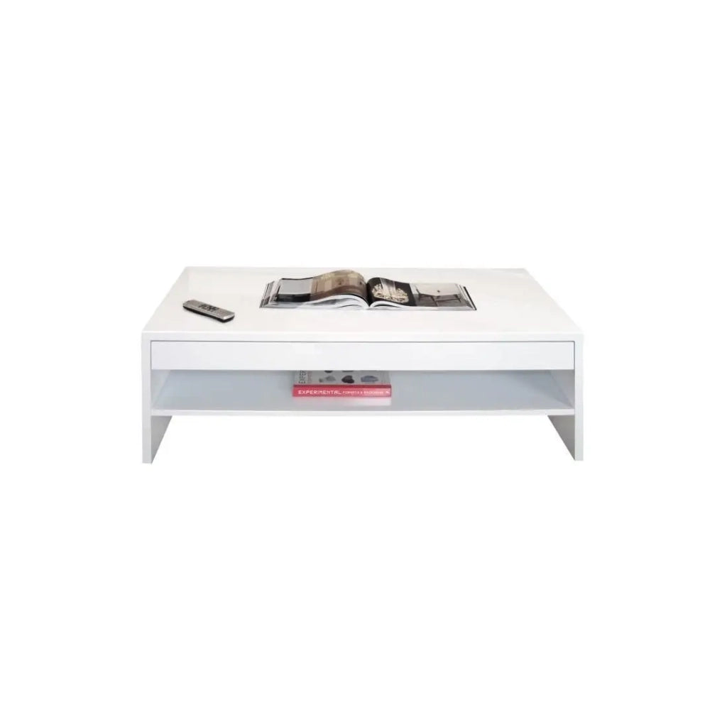 Tavolino basso TRIGO bianco - 1 cassetto con scomparti - 118 x 58 x 39 cm
