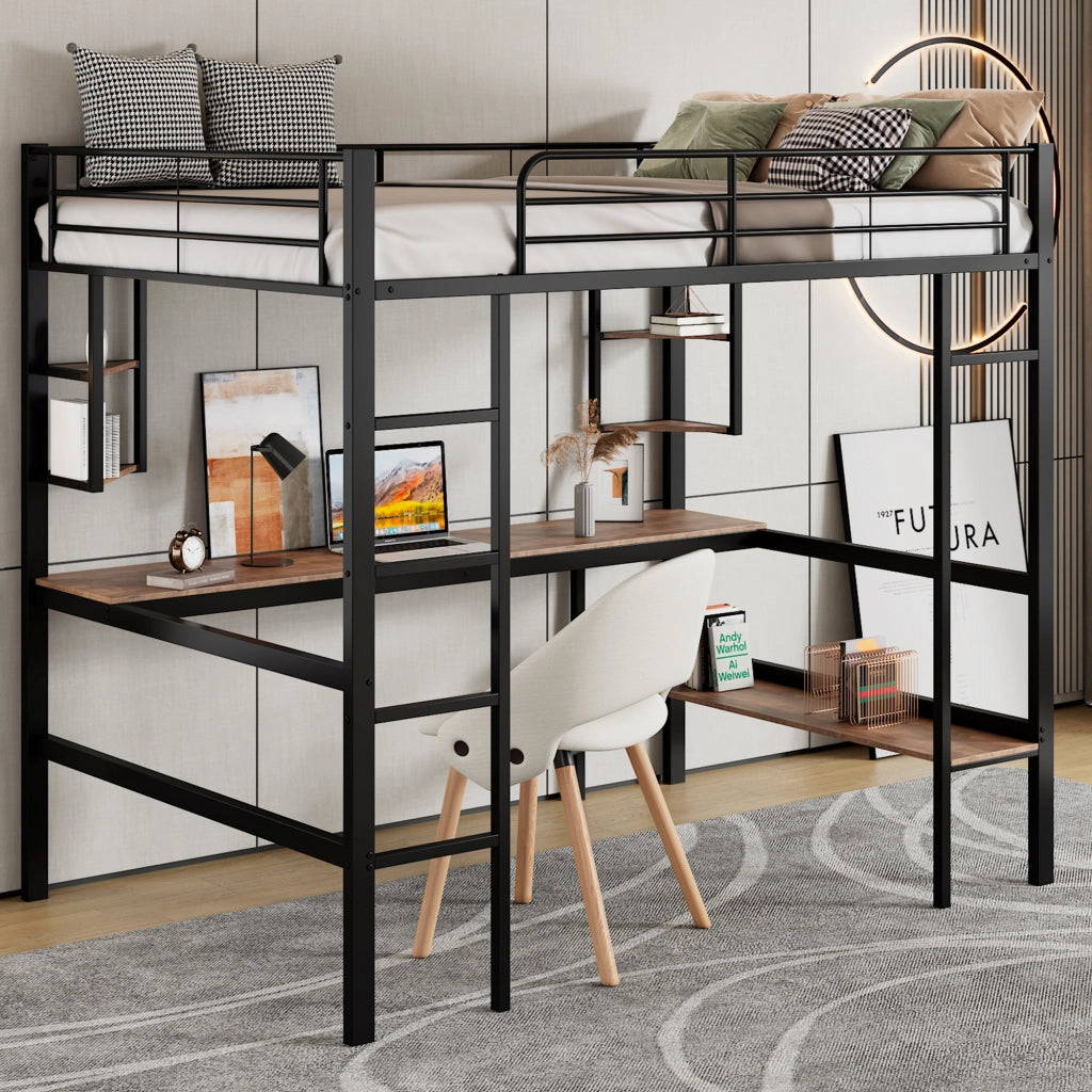 OKWISH Letto a Soppalco 90×200 cm, Letto Singolo con Scrivania, 5 Mensole e Libreria, senza Materasso, in Metallo, Nero